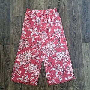 💙 Umgee Wide Leg Flowy Fringe Floral Linen Blend Size L/XL Boho Pants